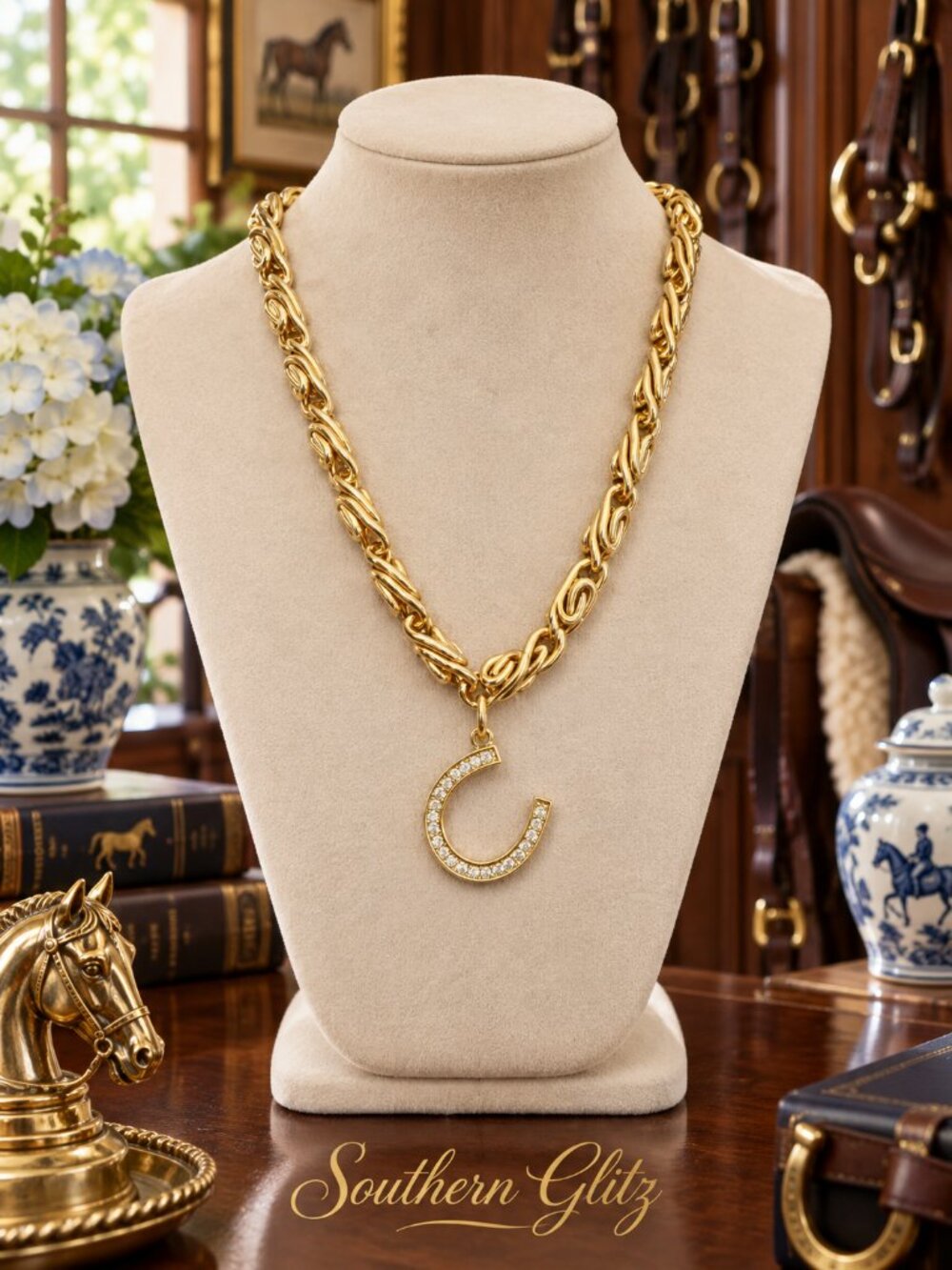 Gold Horseshoe Necklace, Chunky Gold Chain Equestrian Necklace, Pave Horseshoe